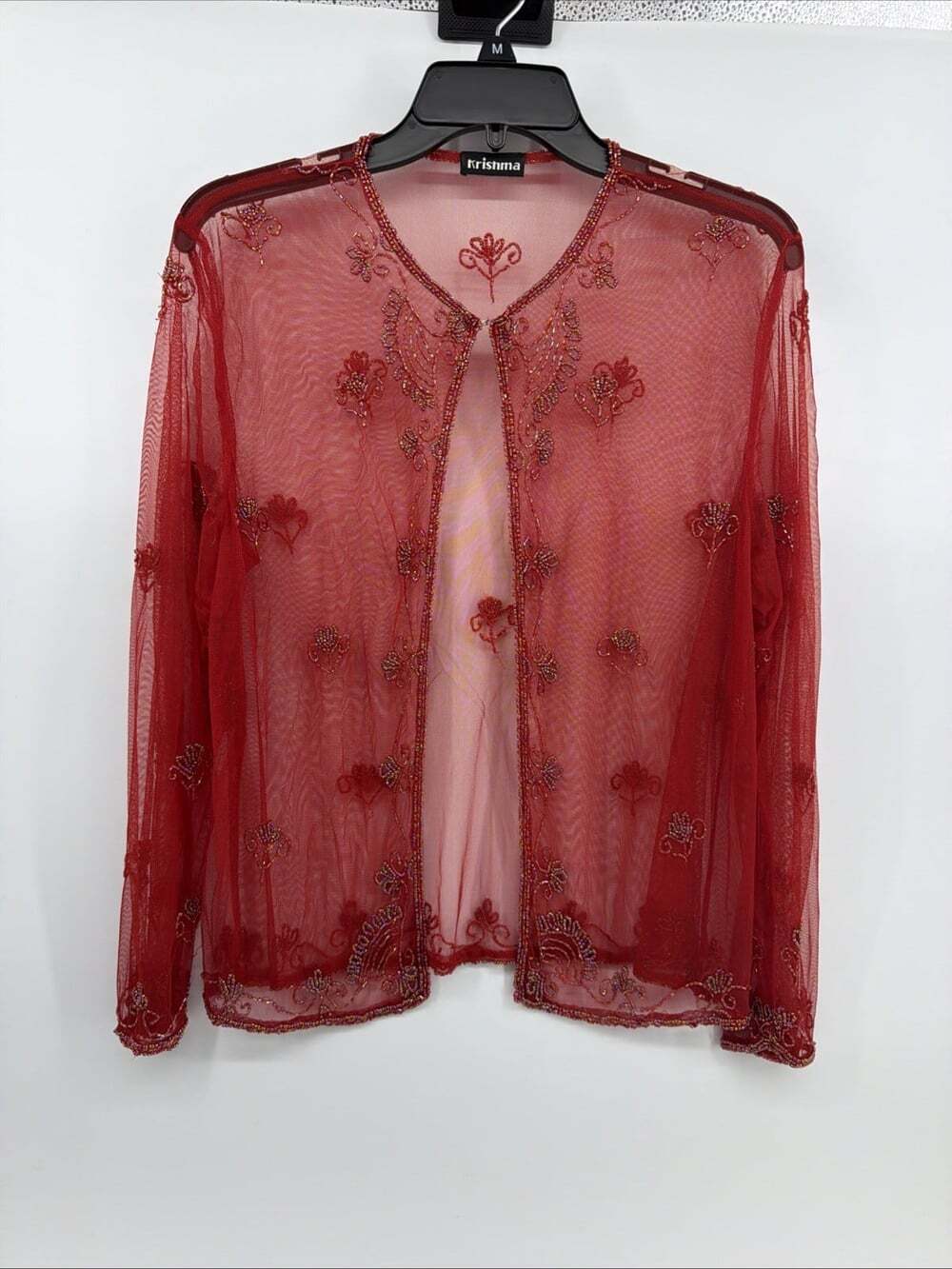 Vintage Krishma Beaded Shear Jacket Cardigan Silk Red Embroidered Shear Top